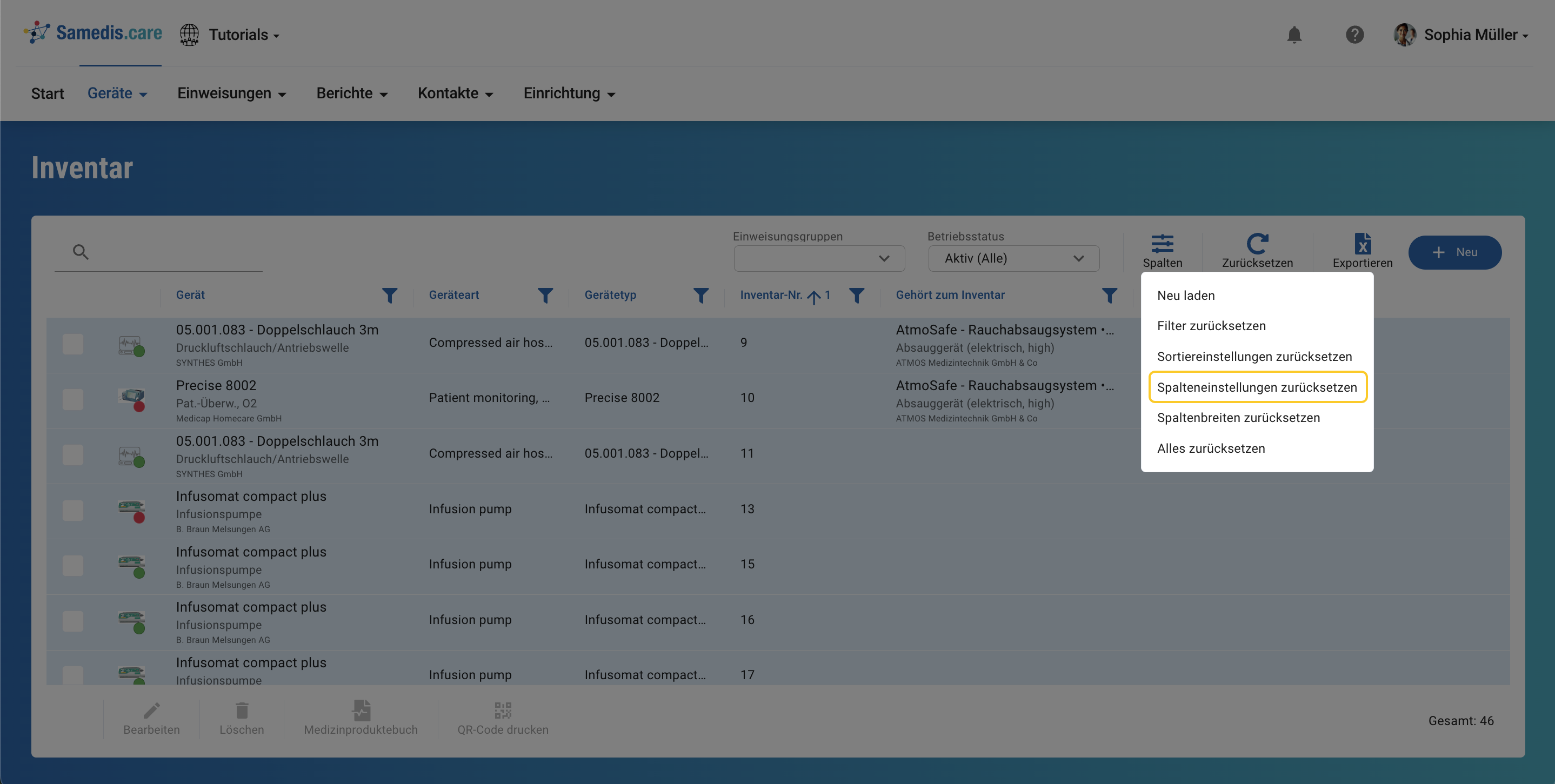 Spalteneinstellungen zurücksetzen