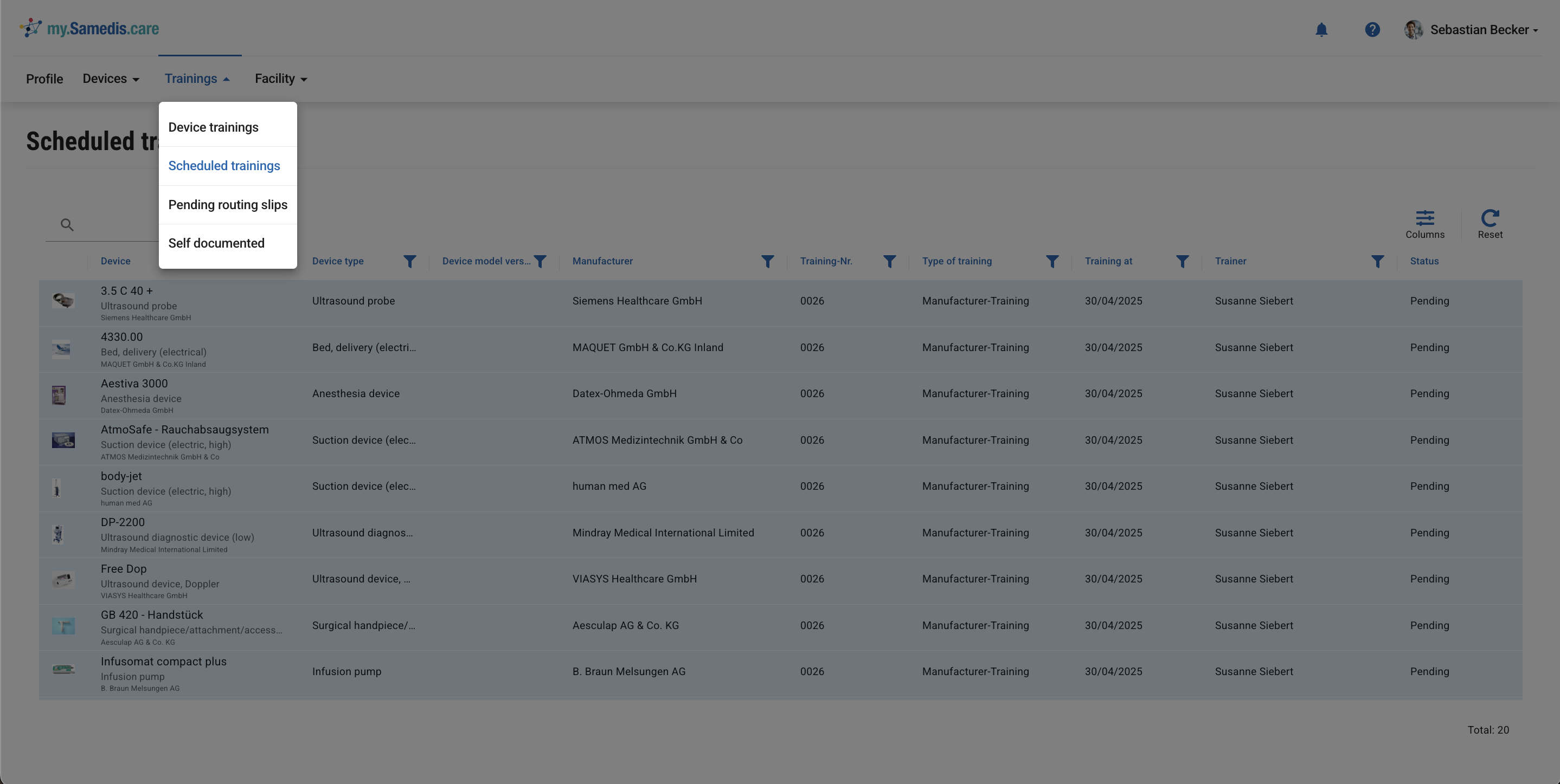 Scheduled trainings