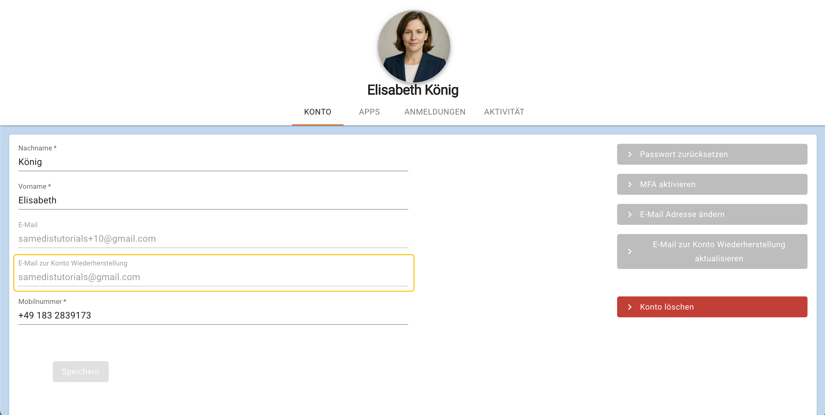 E-Mail zur Konto Wiederherstellung